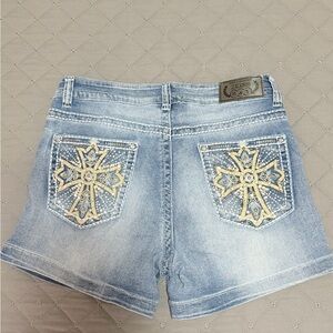 Light Blue Denim Women’s Shorts with Embroidered Cross Pockets
